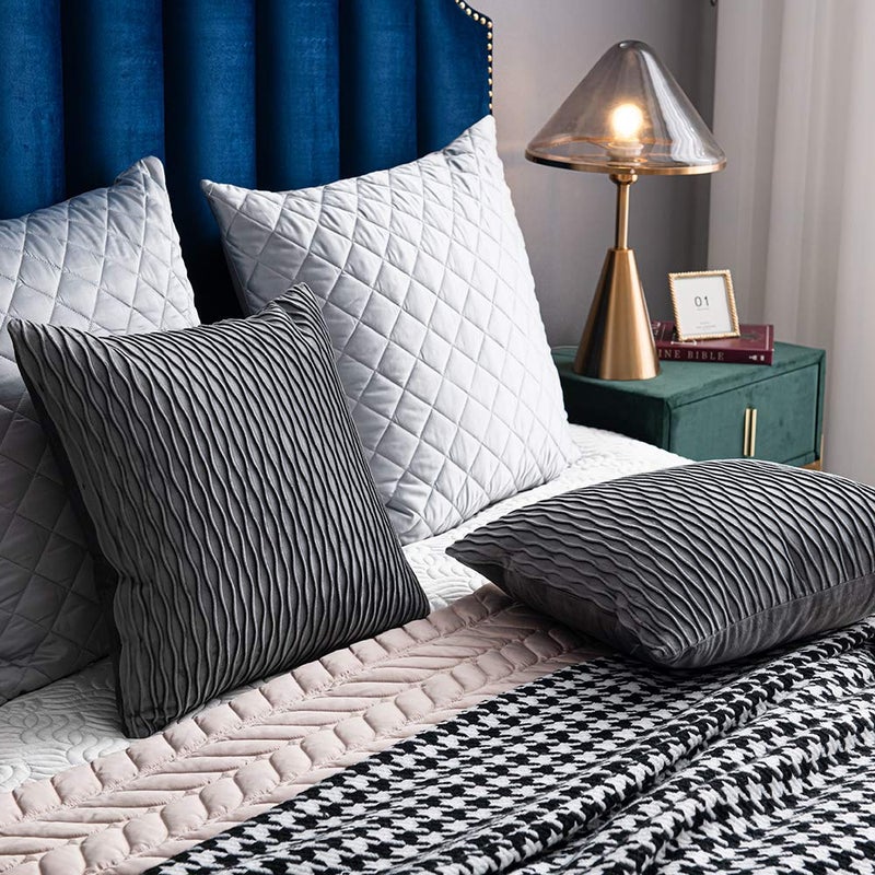 DEZENE Grey Striped Decorative Pillow Cases: 2 Pack 18x18 Inch Original Velvet Square Throw Pillow Covers for Farmhouse Couch - Image 5